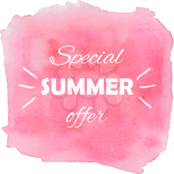 Water color square banner with Special Summer Offer caption. Beautiful hand painted vibrant pink color label. Shopping and sale sticker with text. Abstract graphic design. Vector illustration.