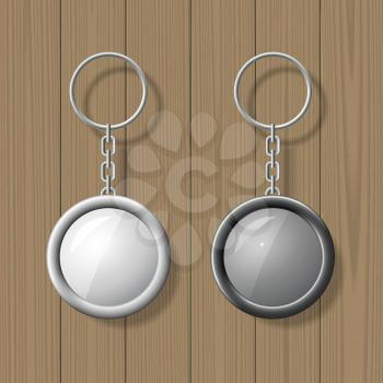 Two key chain pendants on wooden background. Blank template. Business identity mock up. Vector illustration.