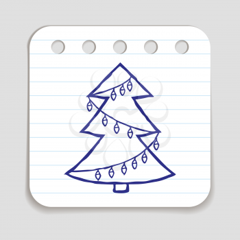 Doodle icon of Christmas Tree. Blue pen hand drawn infographic symbol on a notepaper piece. Line art style graphic design element. Web button with shadow. Vector illustration