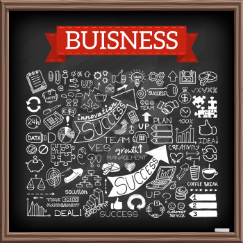 Hand drawn business icons set with arrows, diagrams, puzzle pieces, thumbs up and more.  Chalkboard effect. Vector Illustration.