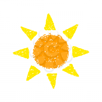 Hand Drawn Sun. Painted with oil pastel crayons. Decorative graphic element for children books, scrapbooking, birthday card, summer party poster, vacation destination flyer. Vector illustration.