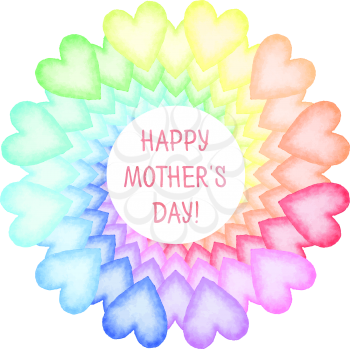 Hand painted Mothers Day card. Rainbow spiral of colorful hearts with text. Vector illustration.