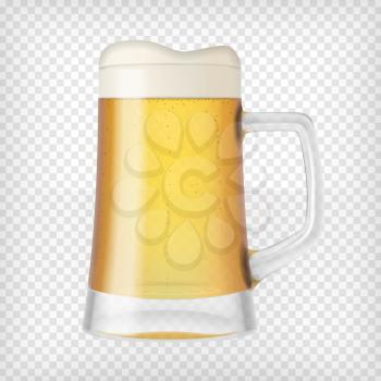 Realistic beer glass. Mug with light beer and bubbles. Graphic design element for a brewery ad, beer garden poster, flyers and printables. Transparent vector illustration.