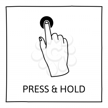 Doodle gesture icon. Press and hold with one finger. Touch screen hand gestures. Hand drawn. Isolated on white. Vector illustration.