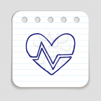 Doodle HEART RATE icon. Blue pen hand drawn infographic symbol on a notepaper piece. Line art style graphic design element. Web button with shadow. Cardiogram, heart beat concept.