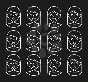 Woman emotions. Beautiful girl line art. Facial expression icons set. Isolated on whote background. Set of woman avatars. Vector illustration.