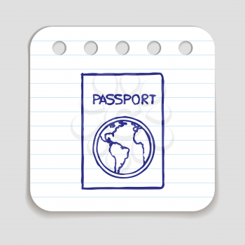 Doodle passport icon. Blue pen hand drawn infographic symbol on a notepaper piece. Line art style design element. International identification, tourism, travel, check in, passport control, vacation, c