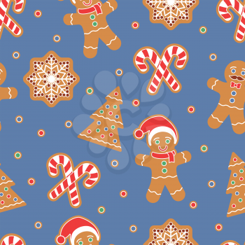 Christmas seamless pattern. Gingerbread man cookies. Snow flake, Christmas Tree, candy cane. Graphic design element for packaging paper, prints, scrapbooking. Holiday themed design