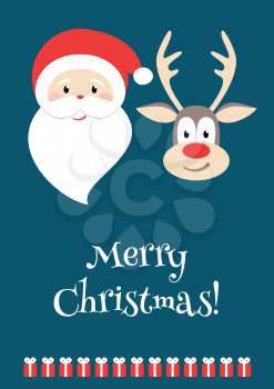 Merry Christmas greeting card. Decorative invitation template. Santa Claus, reindeer and presents. Poster with red bow. Place for text. Holiday themed design with red bow.