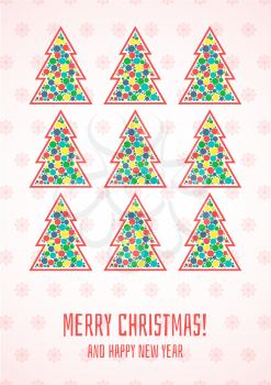 Merry Christmas greeting card. Decorative invitation template. Christmas Tree, snow flakes. Poster or invitation. Place for text. Holiday themed design.