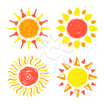 Hand drawn Sun set. Painted with pastel crayons. Graphic elements for children book, scrapbooking, birthday card, baby shower invitation, summer poster, vacation destination flyer. Vector illustration