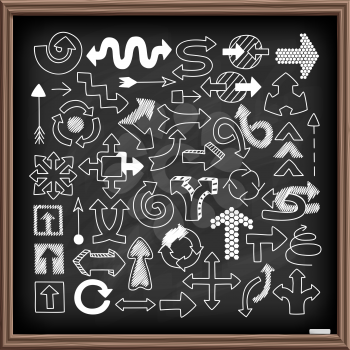 Doodle arrow symbols set on black chalk board. Line art style icons for web site, mobile app, infographics. Hand drawn graphic design elements. Movement, recycle, direction concept.Vector illustration