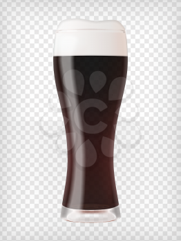 Realistic beer glass. Mug with dark stout beer and bubbles. Graphic design element for a brewery ad, beer garden poster, flyers and printables. Transparent vector illustration.
