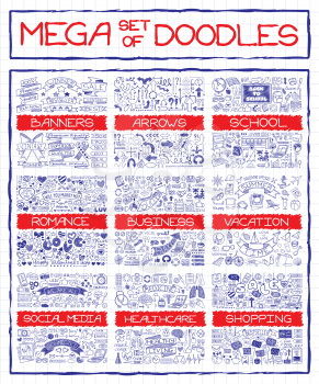 Mega set of doodle social, business, medicine, vacation and school icons, banners, arrows and speech bubbles. Hand drawn pen on notepaper effect. Infographics designer elements. Vector illustration.