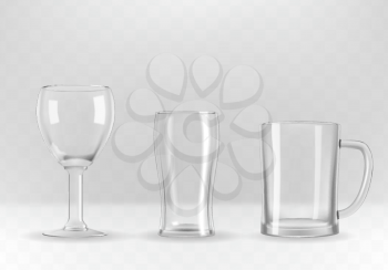 Vector set of photo-realistic transparent beer glasses, mugs and goblets.