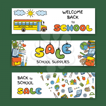 Doodle Back to School SALE banners set. Hand drawn stationary graphic design elements for web site, online shop, sale flyer, discount announcement. Education supplies concept idea. Vector illustration