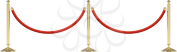 Barriers with red rope line. Red carpet event enterance gate. VIP zone, closed event restriction. Realistic image of golden poles with velvet rope. Isolated on white background. Vector illustration.