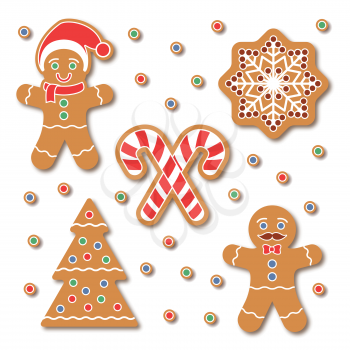 Christmas Gingerbread cookie sticker set. Traditional colorful cookies with Snow flake, Christmas Tree, candy cane isolated on white. Holiday graphic design elements for scrapbooking, stickers, badges