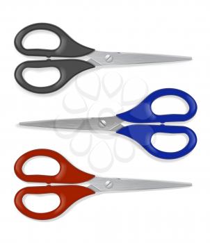 Realistic scissors ser with black, blue and red handle. Professional or hobby tool. Detailed graphic design element. Office supply, school stationery. Isolated on white background. Vector illustration