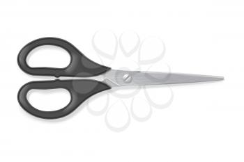Realistic scissors with black handles. Professional or hobby tool. Detailed graphic design element. Office supply, school stationery. Isolated on white background. Vector illustration