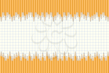 Realistic pencils border. Drawing crayons in a line. Graphic design element for scrapbooking, flyer, poster, back to school sale invitation. Vector illustration.