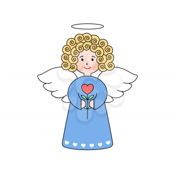 Doodle angel with a heart. Cute girl with wings. Romantic greeting card. Graphic design element for wedding and baby shower invitation, Valentines Day card. Cartoon angel with flower.