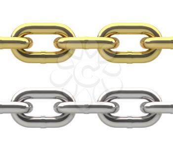 Seamless oval link chains set silver and gold, isolated on white background. Vector illustration