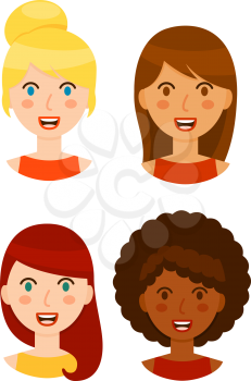 Different women avatars collection isolated on white background. Beautiful smiling girl portraits in cartoon style - blonde, brunette, red hair and black girl. Vector illustration.