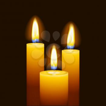 Set of three burning candles with transparency isolated on black background. Vector illustration