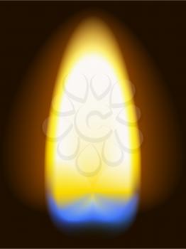 Realistic flame. Matchstick burning with yellow and blue section, transparent isolated on black background. Vector illustration