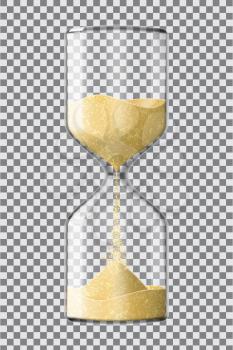 Realistic hourglass clock made of glass with yellow sand running down, on transparent background. Vector illustration.