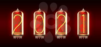 New Year greeting card with 2021 lit up in retro-styled nixie tube indicator lamps, includes transparency. Vector illustration.
