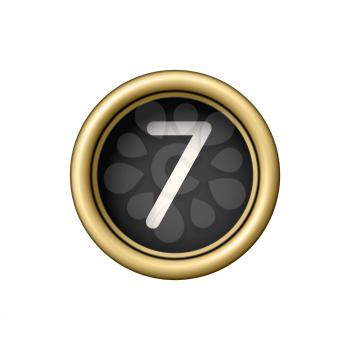 Number 7. Vintage golden typewriter button isolated on white background. Graphic design element for scrapbooking, sticker, web site, symbol, icon. Vector illustration.
