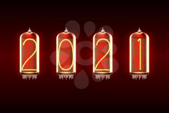 New Year greeting card with 2021 lit up in retro-styled nixie tube indicator lamps, includes transparency. Vector illustration.