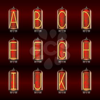 Retro-styled Alphabet set on pixie tube indicator lamps with letters A to L lit up, includes transparency. Vector illustration.