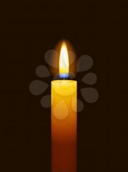 Realistic burning candle isolated on black background. Vector illustration