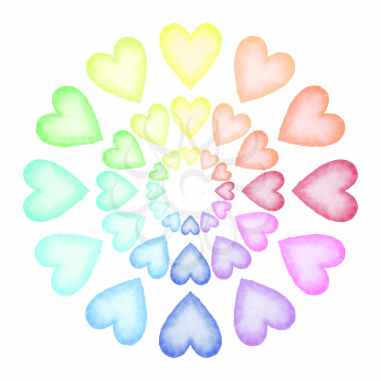 Hand painted watercolor hearts. Rainbow circle of colorful hearts. Design element for a wedding and baby shower invitation, birthday, Valentine's day and Mother's day card. Vector illustration.