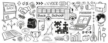 Back to School doodles banner, hand drawn with thin line. Educational icons set with school bus, supplies, puzzle, thumb up. Vector Illustration isolated on white background