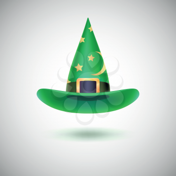 Green witch hat with black strip and stars for Halloween, isolated on white background.