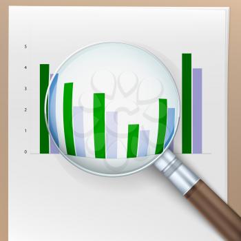 Growth histogram behind a magnifying glass. Market research