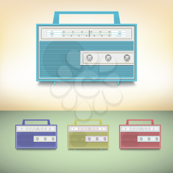 Retro radio. Set of multicolored transistor radios