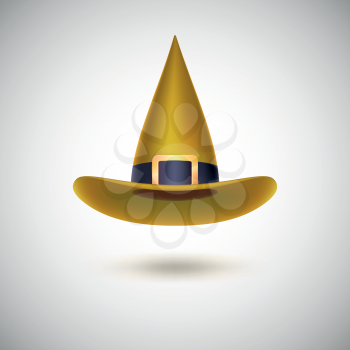 Yellow witch hat with black strip for Halloween, isolated on white background.