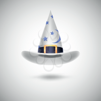 White witch hat with black strip and stars for Halloween, isolated on white background.