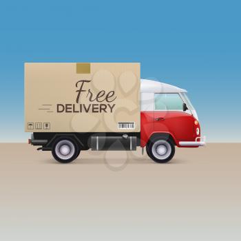 Delivery car. Free delivery inscription on cardboard box