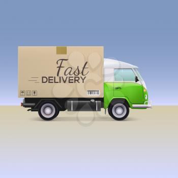 Delivery car. Fast delivery inscription on cardboard box