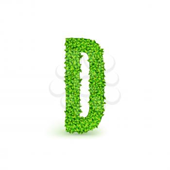 Green Leaves font. Capital letter D consisting of green leaves, vector illustration.