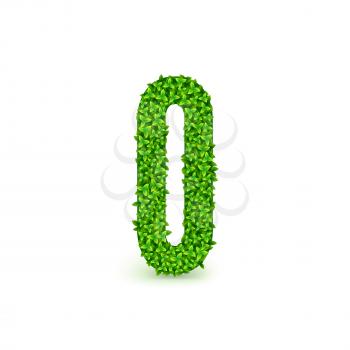 Green Leaves font. Capital letter O consisting of green leaves, vector illustration.