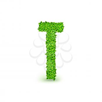Green Leaves font. Capital letter T consisting of green leaves, vector illustration.