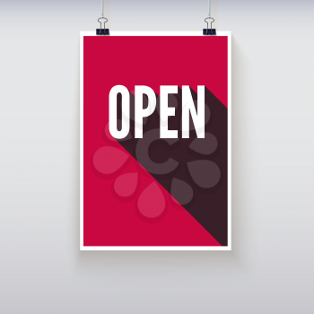 Open shopping door signs board. Vector illustration. Shopping sign board. Red open hanging poster