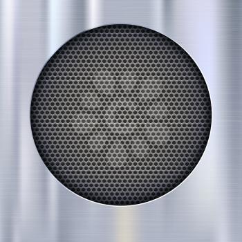 Background with sound speakers dynamics metal mesh. Background of polished metal with flare, patches of light. Audio speaker on a shiny metal background with bolts. Vector Illustration. 